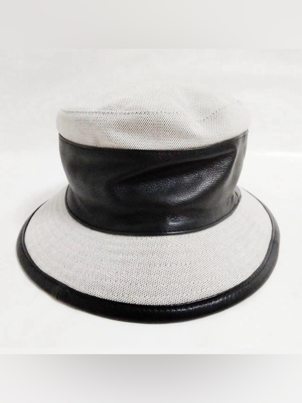 Hermes Vintage Two-Tone Canvas and Leather Bucket Hat in Cream and Black
